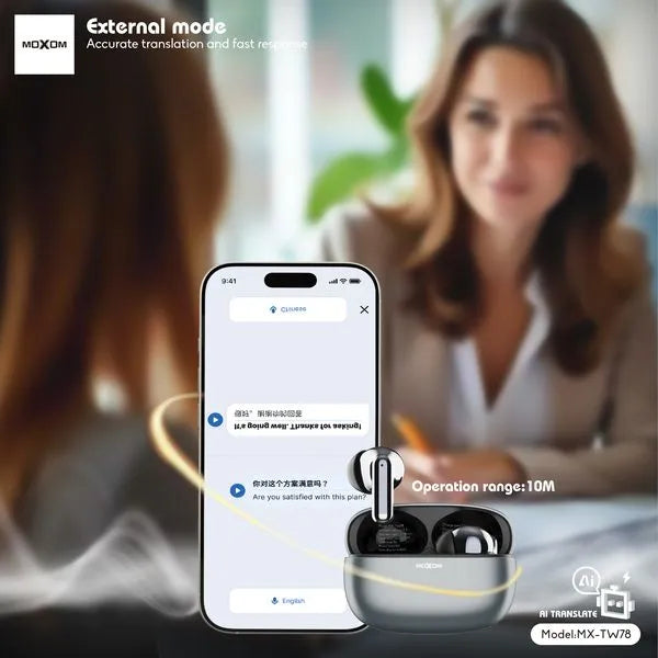 Moxom MX-TW78 AI Translator Wireless Earbuds demonstrating External Mode for face-to-face business conversation translation with a 10-meter operation range at Lebtech Store Lebanon.
