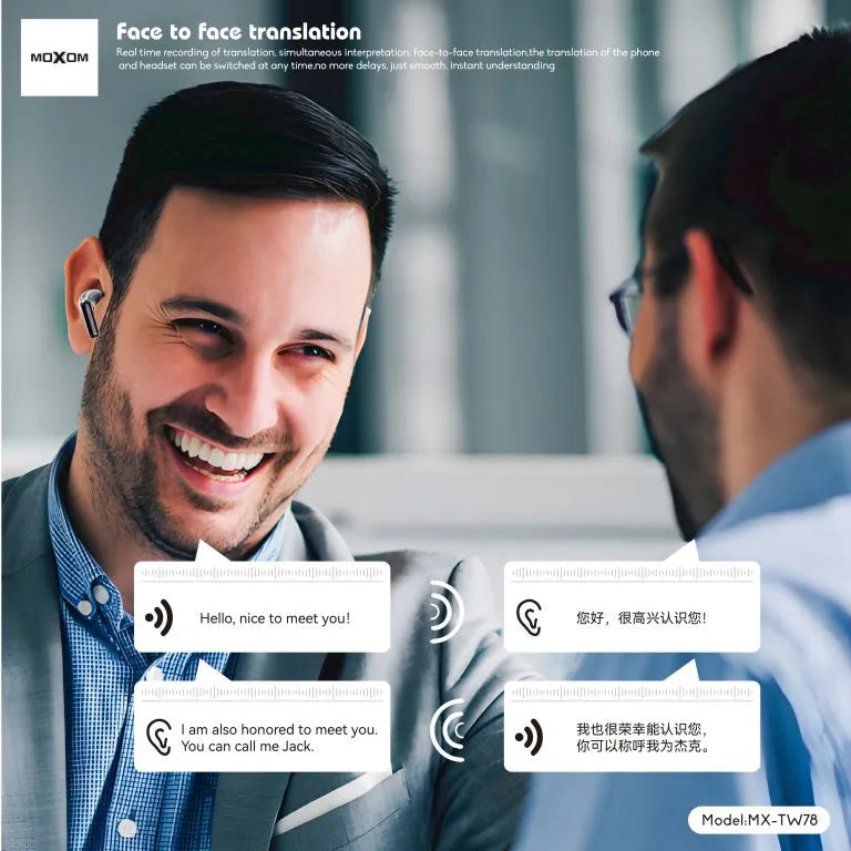  Moxom MX-TW78 AI Translator Wireless Earbuds showing two businessmen utilizing the real-time simultaneous face-to-face dialogue translation feature at Lebtech Store Lebanon.
