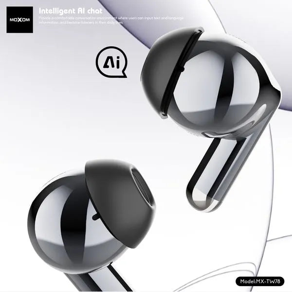 Moxom MX-TW78 AI Translator Wireless Earbuds close-up macro view highlighting the intelligent AI chat capability and chrome metallic finish at Lebtech Store Lebanon.