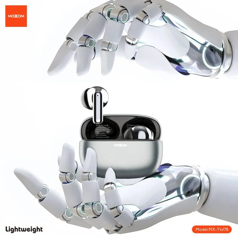 Moxom MX-TW78 AI Translator Wireless Earbuds charging case resting on a futuristic robot hand to emphasize the ultra-lightweight design at Lebtech Store Lebanon.