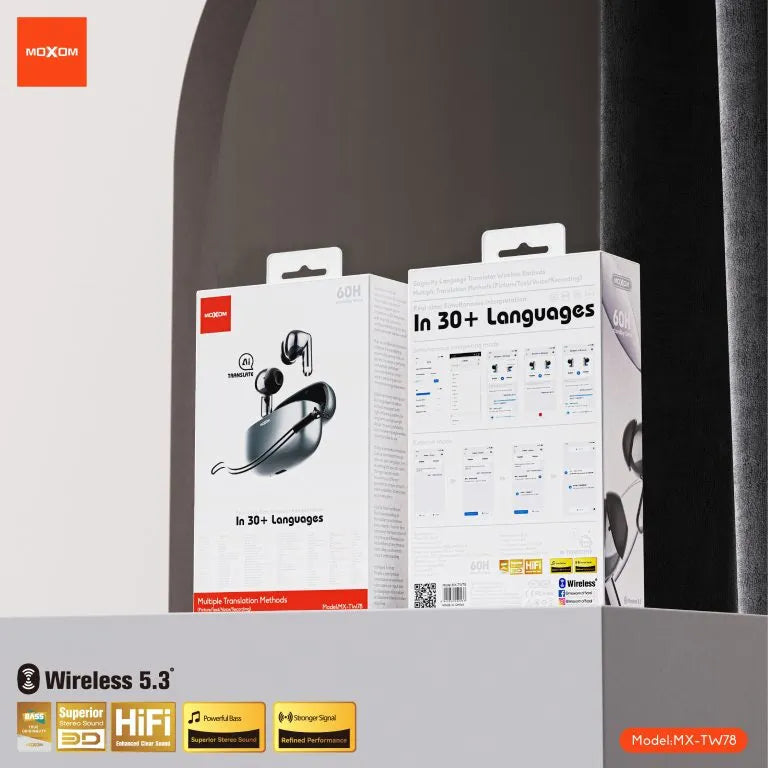 Moxom MX-TW78 AI Translator Wireless Earbuds retail packaging boxes showing translation features in 30 plus languages and Wireless 5.3 support at Lebtech Store Lebanon.