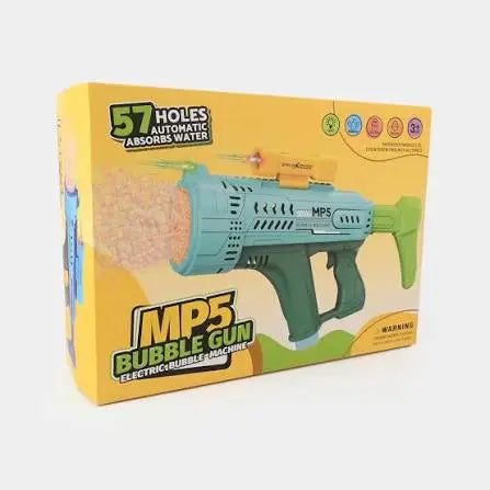 Retail packaging box of the MP5 automatic 57-hole electric bubble gun featuring water absorption specs, from LebTech Store Lebanon.