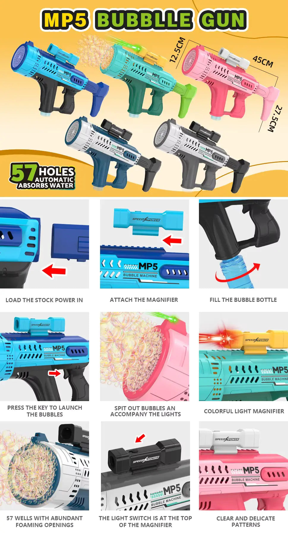  Multi-panel infographic diagram showing assembly instructions, color variants, dimensions, and LED features of the MP5 bubble blaster at LebTech Store Lebanon.