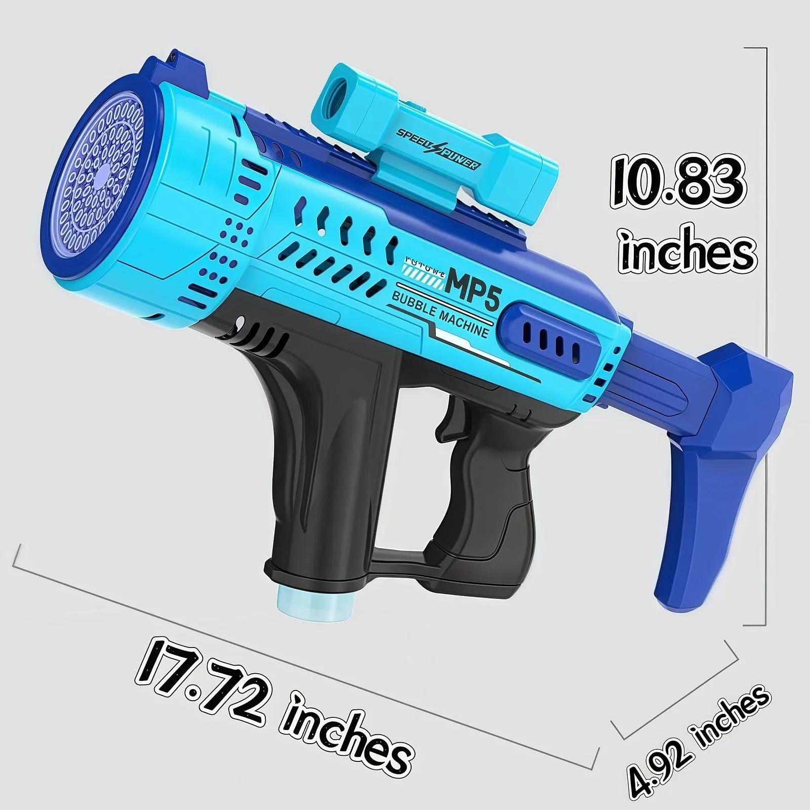 Blue and black MP5 electric bubble blaster dimension diagram showing a length of 17.72 inches, height of 10.83 inches, and width of 4.92 inches from LebTech Store Lebanon.