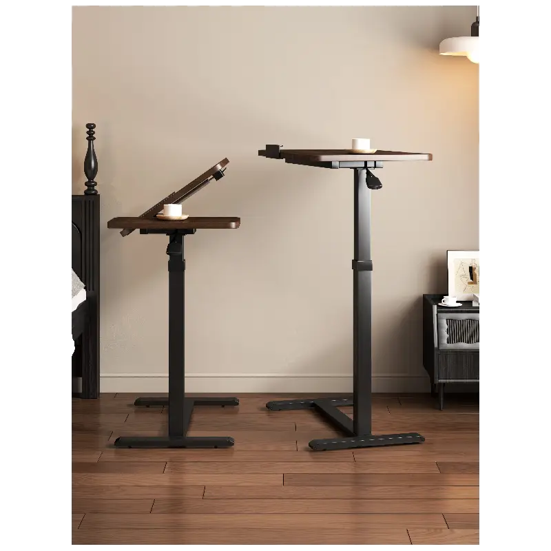 Comparison of two Multi-Function Height-Adjustable Desks in dark wood finish at LebTech Store Lebanon, showing the sit-stand height range and the tilting tabletop feature for ergonomic use across Lebanon.