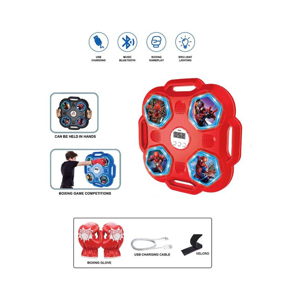Smart Music Boxing Target showing features including Bluetooth music, USB charging, boxing gloves, and Velcro straps - Lebtech Store.