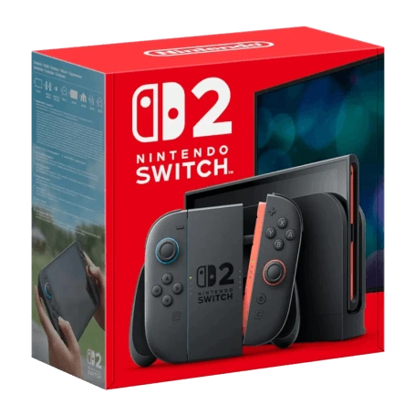 The Nintendo Switch 2 retail packaging box showing the hybrid console in its TV dock with a controller grip, available at Lebtech Store Lebanon.

