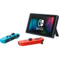 The original Nintendo Switch console standing upright on its built-in kickstand with detached neon blue and neon red Joy-Con controllers, available at Lebtech Store Lebanon.