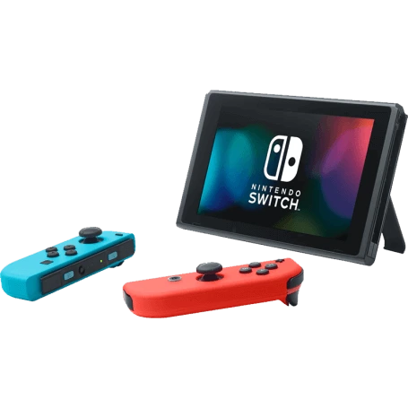The original Nintendo Switch console standing upright on its built-in kickstand with detached neon blue and neon red Joy-Con controllers, available at Lebtech Store Lebanon.