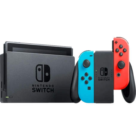 The Nintendo Switch console sitting inside its black TV dock alongside the neon blue and neon red Joy-Con controllers attached to the comfort grip accessory, available at Lebtech Store Lebanon.