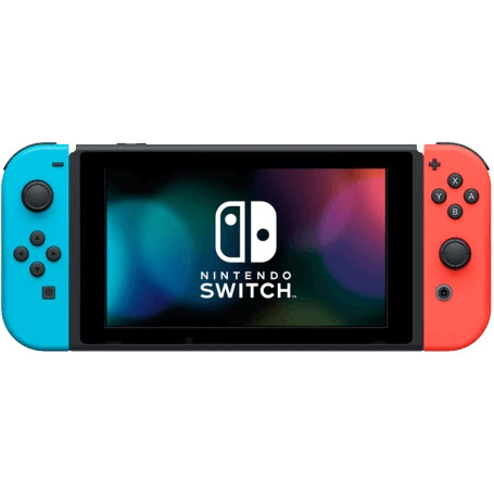 Front view of the Nintendo Switch console in handheld mode with neon blue and neon red Joy-Con controllers attached, available at Lebtech Store Lebanon.