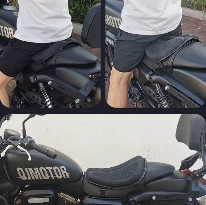 • Petal Shaped Motorcycle Seat Cushion mounted on a motorcycle showing rider sitting position from Lebtech Store Lebanon
