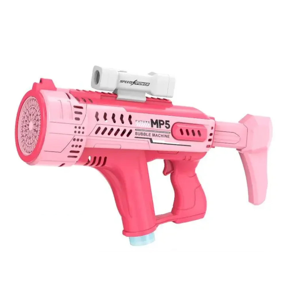 Pink MP5 automatic electric bubble blaster toy showing the 57-hole nozzle and top scope accessory from LebTech Store Lebanon.
