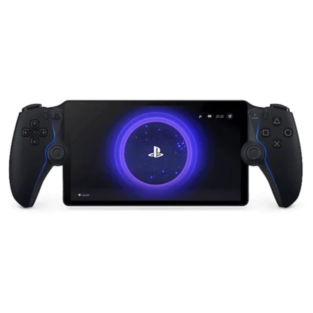 PlayStation Portal Remote Player black edition front view with purple PS logo on screen"