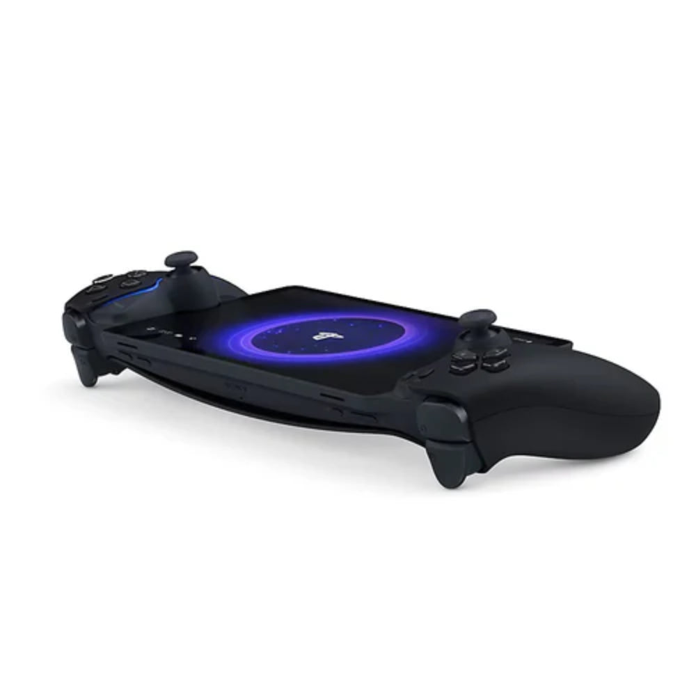 "PlayStation Portal Remote Player black- side view with DualSense controls and 8 inch 1080p display"
