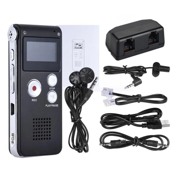 Front view of the black digital voice recorder dictaphone showing its LCD screen and recording buttons alongside its included earphones, USB cable, telephone adapter, and landline connection wires from LebTech Store.