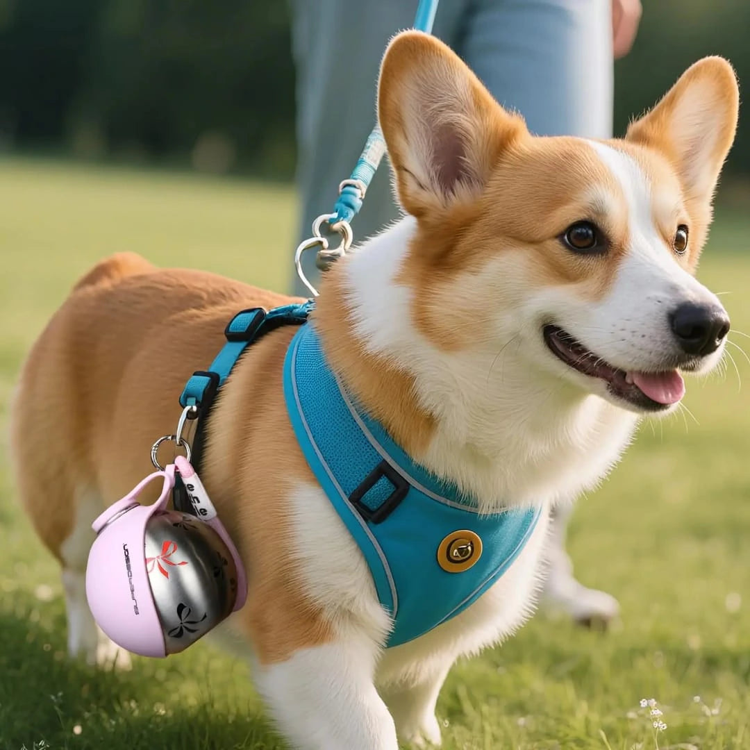 A Pembroke Welsh Corgi wearing a blue harness outdoors with a pink SuperDesign travel pet water canteen clipped conveniently onto its strap, from LebTech Store Lebanon.