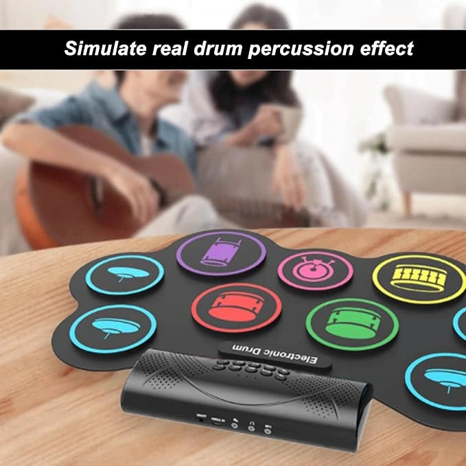 Roll-up electric practice drum pad simulating real percussion effects for home use, from LebTech Store Lebanon.