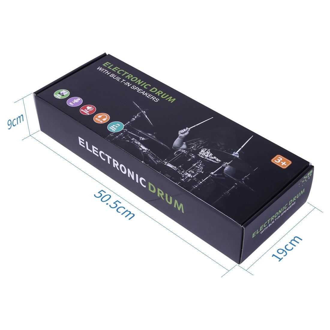 Retail packaging box of the portable electronic drum set with precise dimensions measuring 50.5cm by 19cm by 9cm from LebTech Store Lebanon.