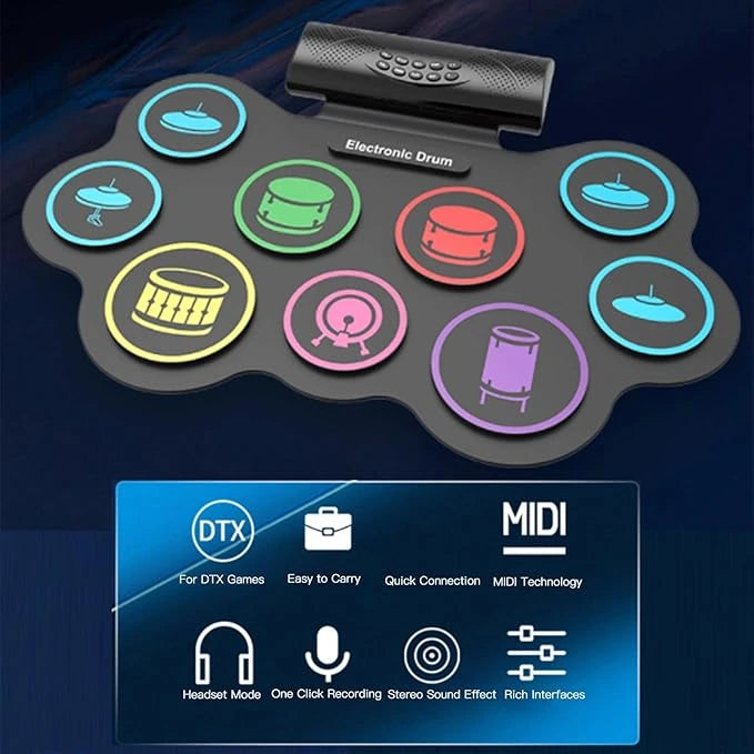 Flexible 9-pad electronic drum pad highlighting MIDI tech, headset mode, and recording features by LebTech Store Lebanon.
