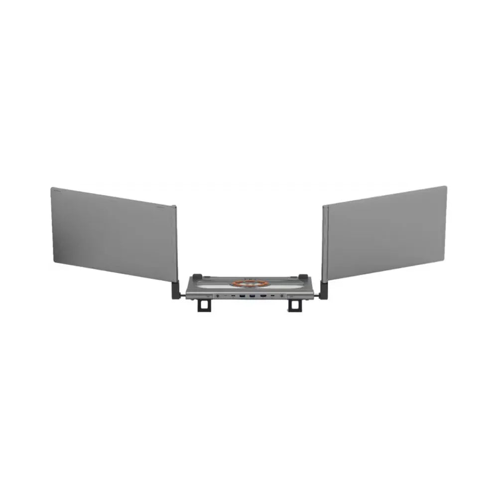 Rear view of a gray Powerology portable dual-screen laptop monitor attachment isolated on a white background. The device features a central docking frame with visible connection ports and cooling vents, flanked by two flat-panel extension screens unfolded outward like wings to the left and right.