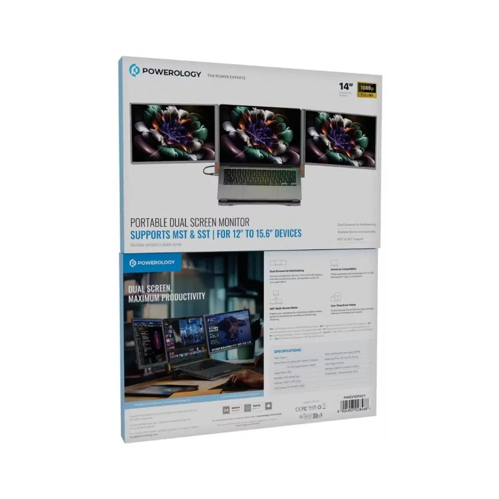 The front and back retail packaging boxes for a Powerology 14-inch 1080p Portable Dual Screen Monitor against a white background. The top box displays a graphic of a triple-screen laptop configuration with a colorful floral wallpaper and text reading "Supports MST & SST | For 12" to 15.6" Devices." The bottom box highlights detailed technical specifications and a lifestyle photo demonstrating a dual-screen productivity setup.
