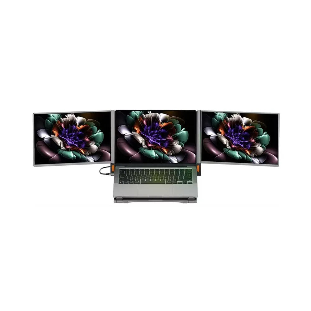 Front top-down view of an open silver laptop set up with a Powerology portable dual-screen extender on a white background. The configuration forms a seamless triple-display workstation, with all three monitors displaying an identical, vibrant digital wallpaper of a purple and teal flower.