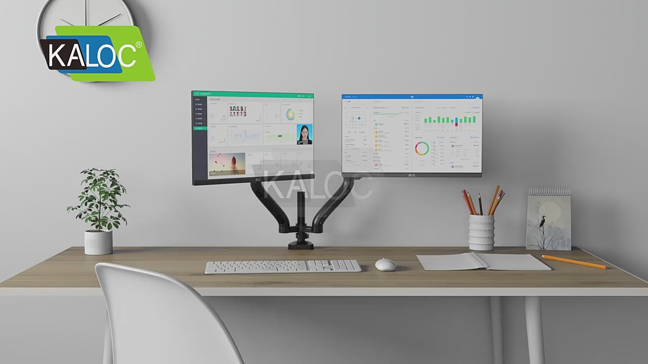 Product demonstration video of the Kaloc DS90-2 Adjustable Dual Monitor Arm at LebTech Store, showing the gas spring height adjustment, 360-degree rotation, and desk clamp installation for dual 17-32 inch screens - Lebtech store - Lebanon