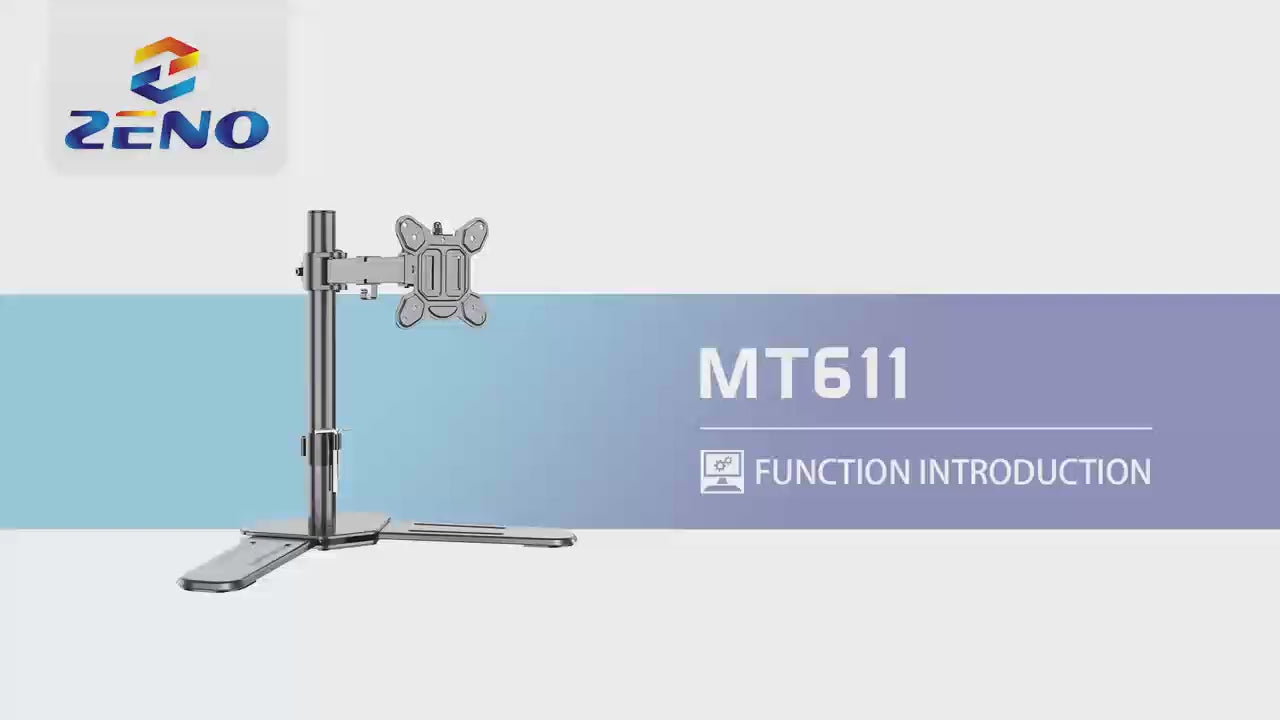 Product showcase video of the Kaloc/Zeno MT611 Single Monitor Arm at LebTech Store Lebanon, demonstrating height adjustment, 360-degree rotation, and tilt features for 15-32 inch screens with fast delivery across Lebanon