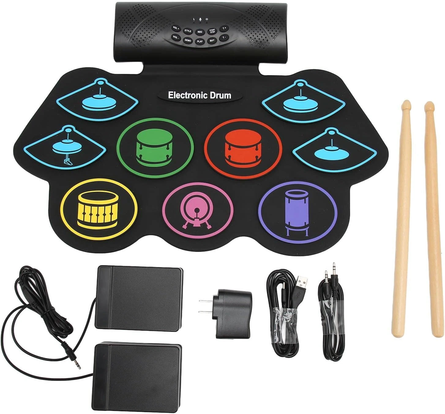 Roll-up electric drum kit package with 9 color pads, built-in speakers, drumsticks, and dual foot pedals from LebTech Store Lebanon.