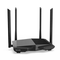 Black Tenda router with four antennas on a white background