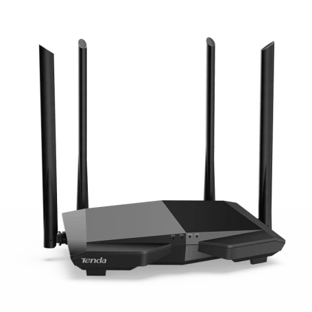 Black Tenda router with four antennas on a white background