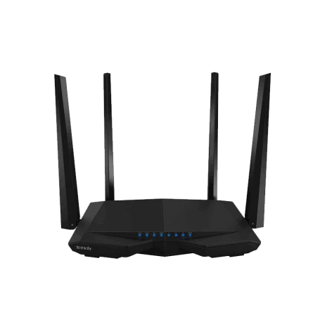 Black router with multiple antennas on a white background
