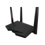 Black router with antennas on a white background