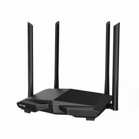 Black router with multiple antennas on a white background