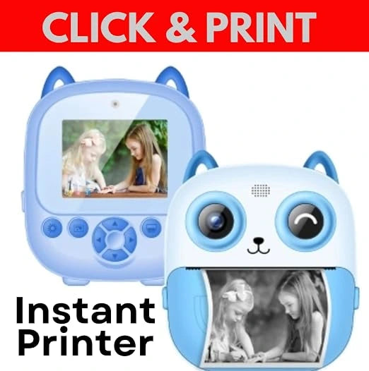 Blue S5 childrens instant printer camera showcasing the click and print feature with a black and white thermal photo printout, sold by Lebtech Store with fast shipping in Lebanon.