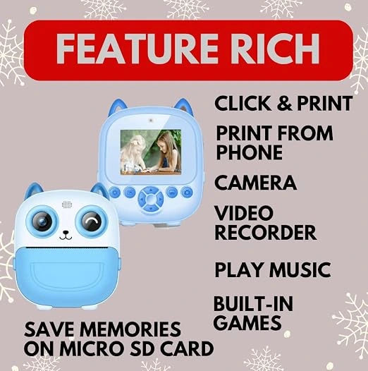 Feature infographic of the blue S5 kids instant camera printer from Lebtech Store, showing functions like click and print, phone printing, video recording, music player, built-in games, and Micro SD card support with fast delivery in Lebanon.