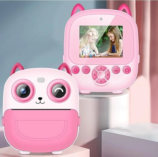  Front and back view of the pink cat-shaped kids instant print camera with a digital viewing screen, available at Lebtech Store with fast delivery across Lebanon.
