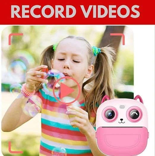 Pink S5 kids digital camera highlighting the record videos function with an illustrative graphic of a young girl blowing soap bubbles, available at Lebtech Store with fast delivery across Lebanon.