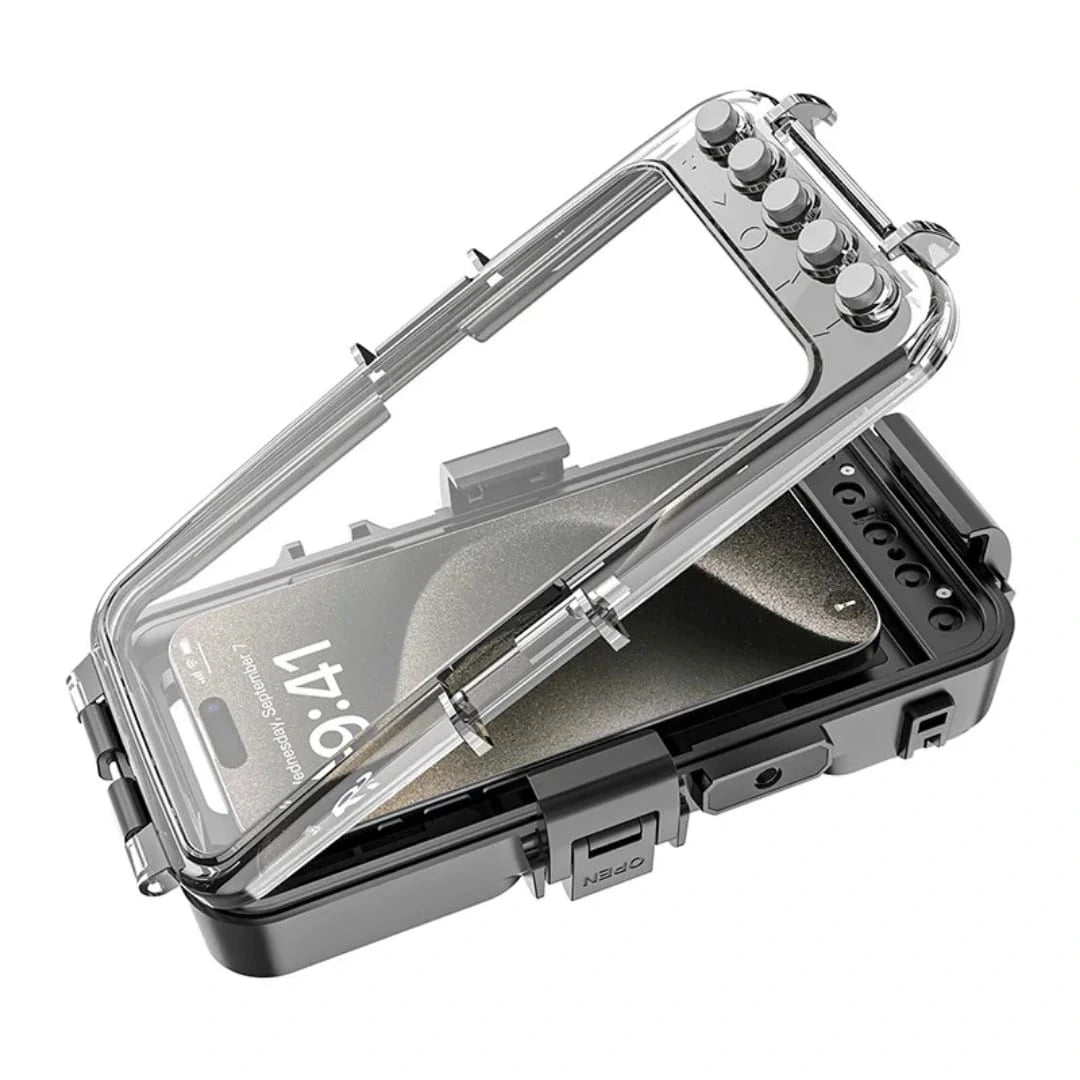  Scuba diving phone case with open clamshell design showing internal smartphone alignment layout and physical button mechanisms from Lebtech Store Lebanon.