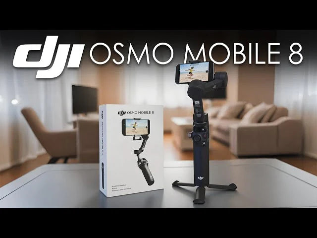 DJI Osmo Mobile 8 gimbal on a table with packaging in a living room setting