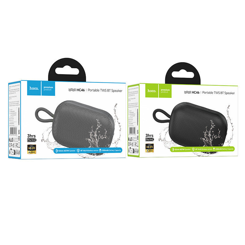 Two Hoco portable TWS BT speakers with packaging on a white background