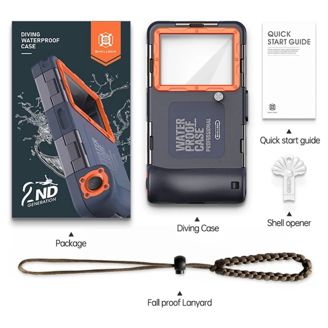 Shellbox 2nd Generation professional diving waterproof phone case package display including shell opener, quick start guide, and fall proof lanyard from Lebtech Store Lebanon.