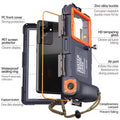 Exploded view of the Shellbox professional diving phone case highlighting the waterproof sealing ring, zinc alloy buckle, and HD tempering glass from Lebtech Store Lebanon