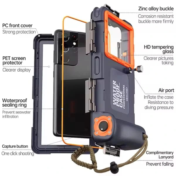 Exploded view of the Shellbox professional diving phone case highlighting the waterproof sealing ring, zinc alloy buckle, and HD tempering glass from Lebtech Store Lebanon