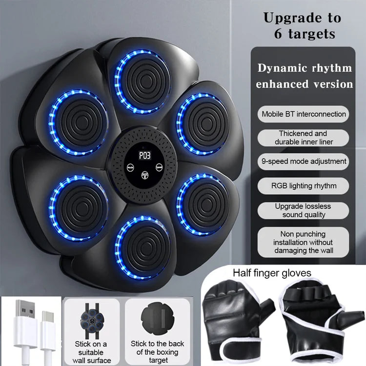 Smart Music Boxing Machine showing 6 target design, half-finger gloves, and installation features - Lebtech Store.