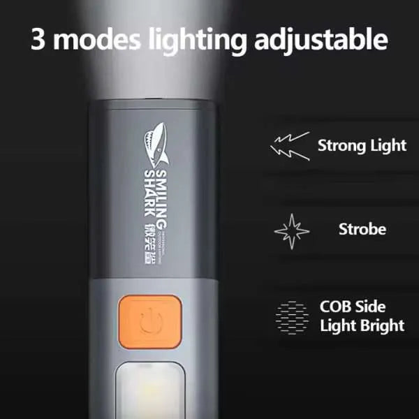 Informational diagram of the Smiling Shark flashlight showcasing the 3 adjustable lighting modes including strong light, strobe, and COB side light at LebTech Store Lebanon.