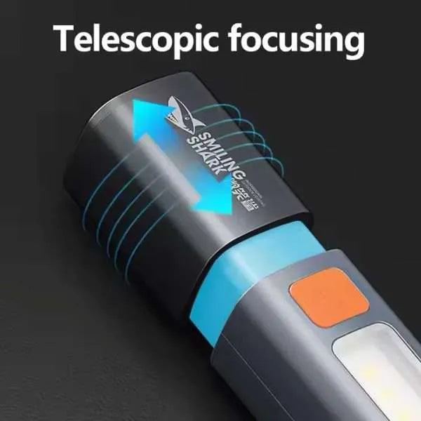  Close-up diagram of the Smiling Shark mini rechargeable flashlight detailing the adjustable telescopic variable focus mechanism at LebTech Store Lebanon.