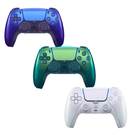 The Sony PlayStation 5 DualSense Wireless Controller Chroma Collection featuring the Chroma Indigo, Chroma Teal, and Chroma Pearl iridescent color-shifting editions, available at Lebtech Store Lebanon.
