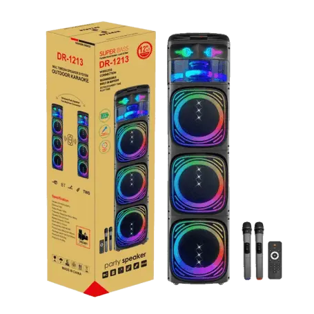 Board-X DR-1213 towering outdoor party speaker with triple 12-inch woofers, RGB ring lighting, and dual wireless microphones - LebTech Store Lebanon